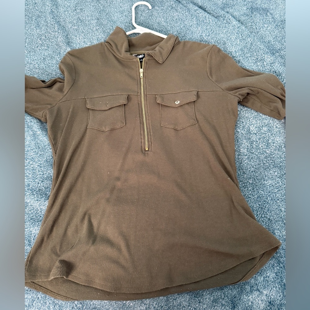 G by Guess Brown Zip-Up Blouse